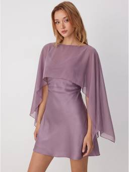 Cider - Sheer Cape Women's Boat Neck Satin Mini Dress Set Purple