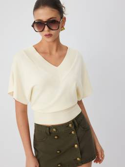 Cider - Knit Wool-blend Women Batwing Sleeve V-Neck Top Yellow