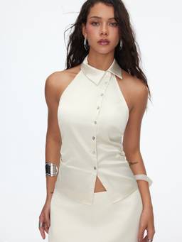 Cider - Silk Halter Neck Women's Button-Front Cut-Out Blouse Cream