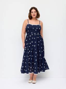 Cider - Embroidered Women's Tiered Lace Trim Flared Maxi Dress Navy Blue