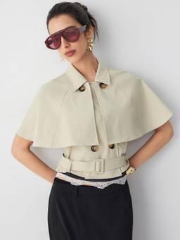 Cider - Double-Breasted Women Belted Cape Shrug Khaki