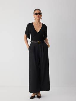 Cider - Women's V-Neck Bell Sleeve Wide-Leg Jumpsuit With Belt Black