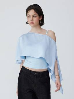 Cider - Satin Women's Asymmetrical Neck Cape Crop Top Baby Blue