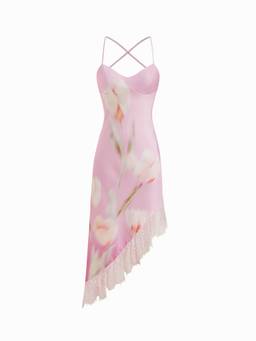 Cider - Satin Floral Women's Lace Trim Asymmetrical Maxi Dress Pink