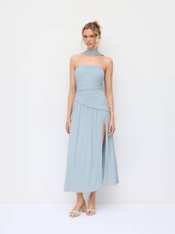 Cider - Textured Women Ruched Halter Neck A-Line Maxi Dress Blue