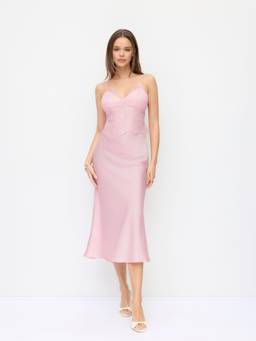 Cider - Satin Lace Panel Women's V-Neck Mermaid Maxi Dress Pink