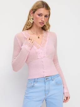 Cider - Knit Wool-Blend Women Lace Trim V-Neck Cardigan Pink