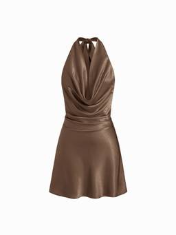 Cider - Satin Halter Women's Ruched Mini Dress Brown