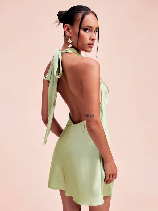 Buy Cider Sage Satin Women's Halter Neck Ruched Mini Dress Green (XXS) Online