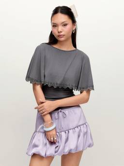 Cider - Women's Lace Trim Tie-Back Boat Neck Cape Top Dark Grey