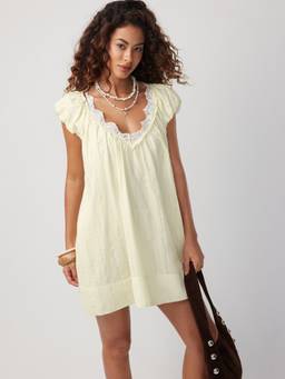Cider - Textured V-Neck Women's Puff Sleeve Lace Trim A-Line Mini Dress Beige
