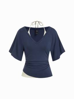 Cider - Halter Ruched Women V-Neck Bell Sleeve Top Blue