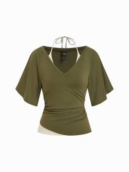 Cider - Women's Ruched V-Neck Bell Sleeve Top Dark Green
