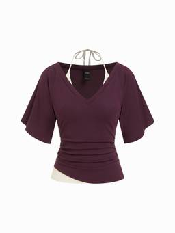 Cider - Ruched Women's V-Neck Halter Neck Top Purple