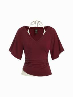 Cider - Women's Halter Neck V-Neck Ruched Bell Sleeve Top Wine