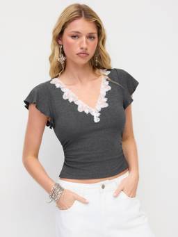Cider - Contrast Lace Women's Ruched V-Neck Top Dark Grey