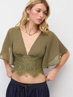 Cider - Chiffon Lace Women's V-Neck Bell Sleeve Crop Top Matcha Green