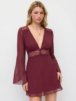 Cider - Chiffon Women's V-Neck Lace Trim Mini Dress Burgundy
