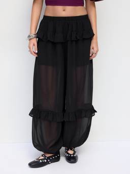 Cider - Chiffon Women's Low Waist Elastic Ruffle Joggers Black
