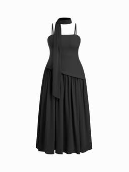 Cider - Chiffon Sculptural Women Halter Neck Lace-Up Maxi Dress Black