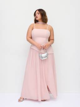 Cider - Sculptural Women's Halter Neck Lace-Up Bodycon Maxi Dress Pink