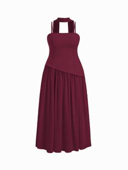 Cider - Chiffon Sculptural Women Halter Neck Lace-Up Maxi Dress Wine