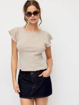 Cider - Knit Linen-Blend Women’s Ruffle Sleeve Lettuce Trim Top Champagne