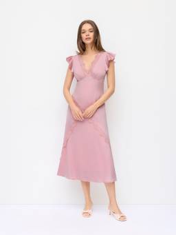 Cider - Satin Women's V-Neck Ruffle Sleeve Lace Maxi Dress Pink