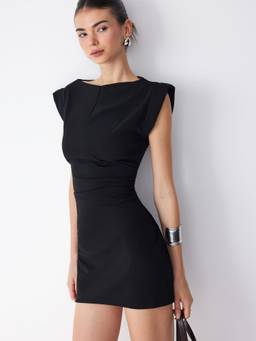 Cider - Ruched Women Boat Neck A-Line Mini Dress Black