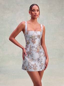 Cider - Jacquard Floral Women’s Lace-Up Square Neck Corset Mini Dress Blue