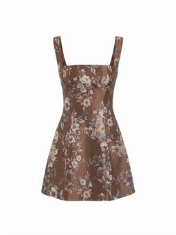 Cider - Jacquard Floral Women Lace-Up Square Neck Corset Mini Dress Brown