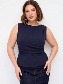 Cider - Jersey Women's Boat Neck Ruched Crop Top Navy Blue