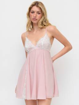 Cider - Chiffon Lace Women's V-Neck Patchwork Mini Dress Pink