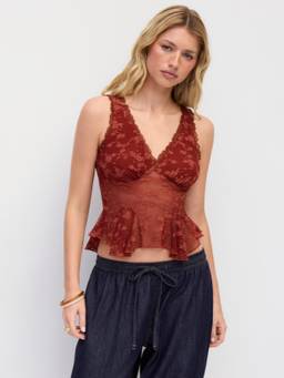 Cider - Lace Women's Slim V-Neck Peplum Crop Top Red