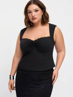 Cider - Cotton Blend Women’s Square Neck Ruched Lace Trim Crop Top Black