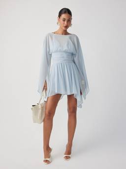 Cider - Chiffon Women's Boat Neck Cloak Sleeve Smocked Romper Baby Blue