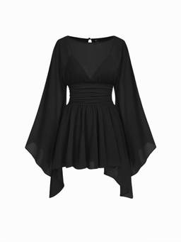 Cider - Chiffon Women's Boat Neck Smocked Cape Sleeve Playsuit Black