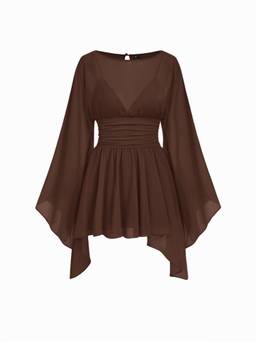 Cider - Chiffon Women's Boat Neck Cloak Sleeve Smocked Playsuit Brown