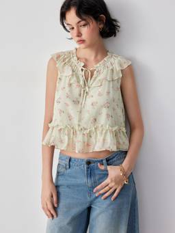 Cider - Ditsy Floral Women’s Tie-Up Ruffle Hem Crop Top Green