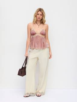 Cider - Cotton-Blend Women’s Mid-Rise Lace Trim Wide-Leg Trousers Beige