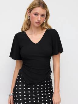 Cider - Women's Ruched V-Neck Bell Sleeve Asymmetrical Hem Top Black