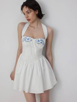 Cider - Cotton Blend Women's Floral Embroidered Halter Mini Dress White
