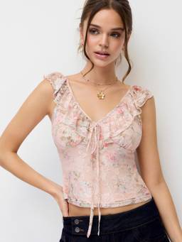 Cider - Lace Floral Women’s Sleeveless V-Neck Tie-Up Top Pink