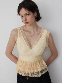 Cider - Lace Women's V-Neck Ruffle Peplum Tank Top Light Yellow