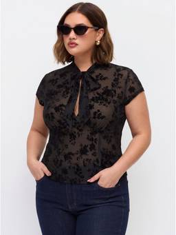 Cider - Floral Lace Women Tie-Up Neck Slim Fit Top Black