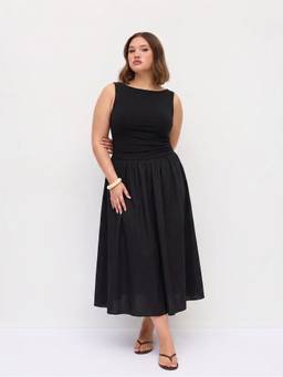 Cider - Cotton Women's Ruched Boat Neck A-Line Maxi Dress Black