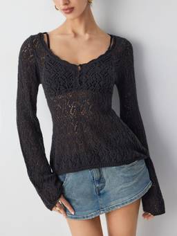 Cider - Knit Hollow Out Women’s Scoop Neck Slim Top Anthracite