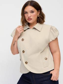 Cider - Notched Collar Women's Puff Sleeve Asymmetrical Button Blouse Beige