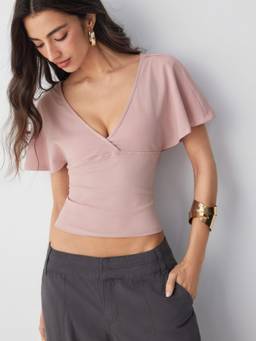 Cider - Cotton Blend Women Surplice V-Neck Bell Sleeve Top Pink