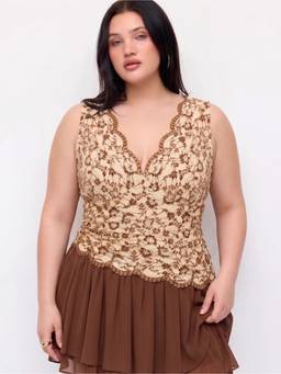 Cider - Lace Floral Women’s V-Neck Sleeveless Top Brown
